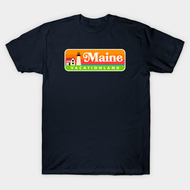 Maine "Vacationland" Retro Lighthouse (White) T-Shirt by deadmansupplyco